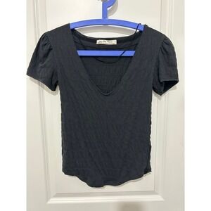 Free People Black Textured Puff Sleeve V Neck T Shirt Top Xtra Small